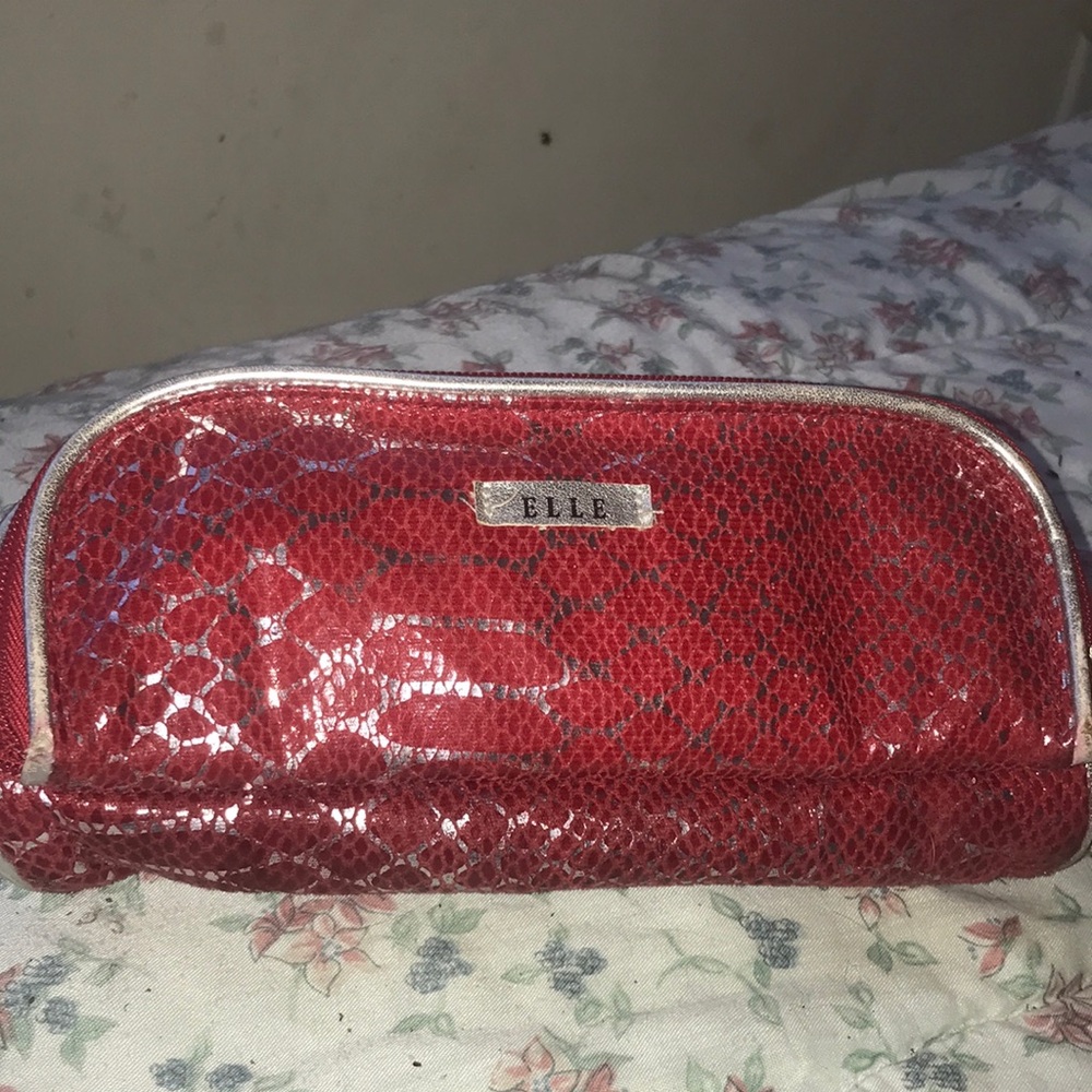 ELLE Bold and stylish Red cosmetic bag featuring Silver Snakeskin pattern.